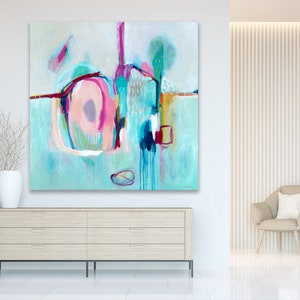 Turquoise abstract painting print large, blue canvas abstract print, large abstract canvas art, blue, pink, gray abstract art print, modern