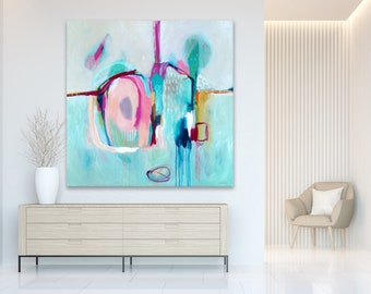 Turquoise abstract painting print large, blue canvas abstract print, large abstract canvas art, blue, pink, gray abstract art print, modern