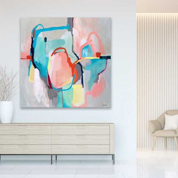Extra large square original abstract art painting print on canvas, 40 x 40, calm neutral pastel colors blue grey pink, wall art for bedroom,