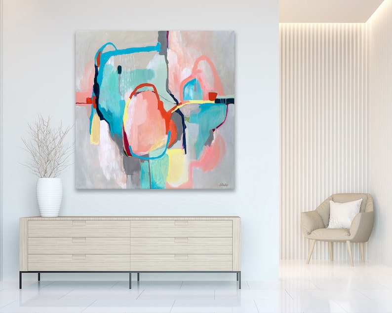 Extra large square original abstract art painting print on canvas, 40 x 40, calm neutral pastel colors blue grey pink, wall art for bedroom, image 1