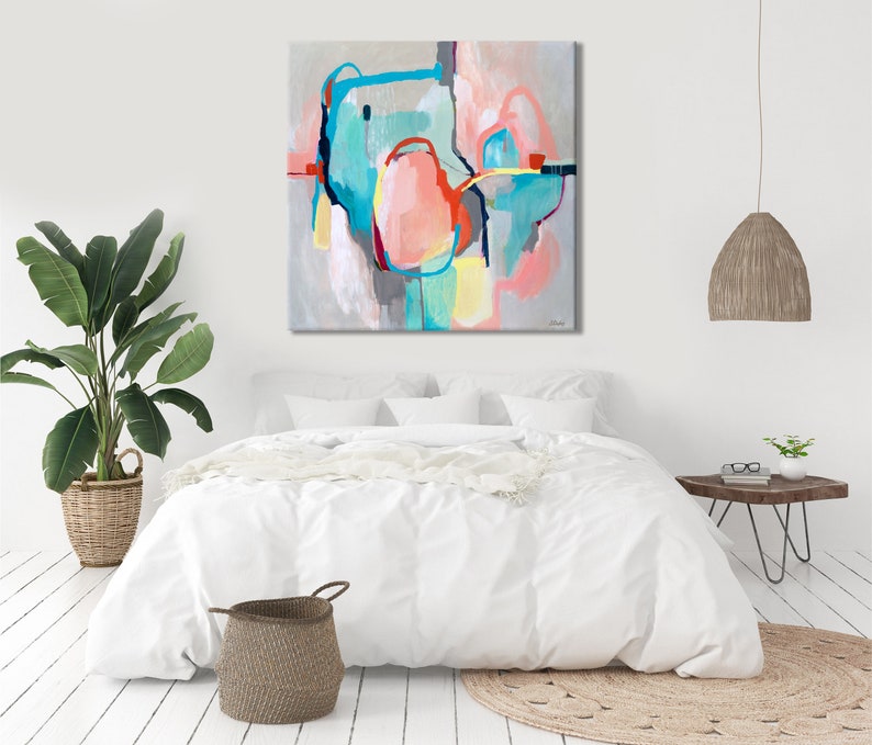 Extra large square original abstract art painting print on canvas, 40 x 40, calm neutral pastel colors blue grey pink, wall art for bedroom, image 2
