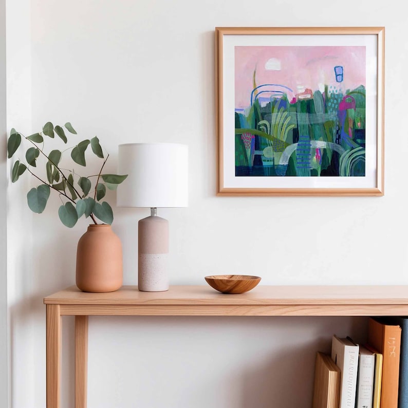 Small colourful pink and green abstract landscape painting print on fine art paper. Giclee print of original painting by Sarina Diakos image 2