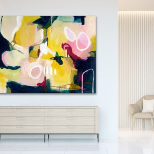 Extra large original abstract painting print, beautiful natural floral feminine colors, statement artwork rectangle shape canvas wall art