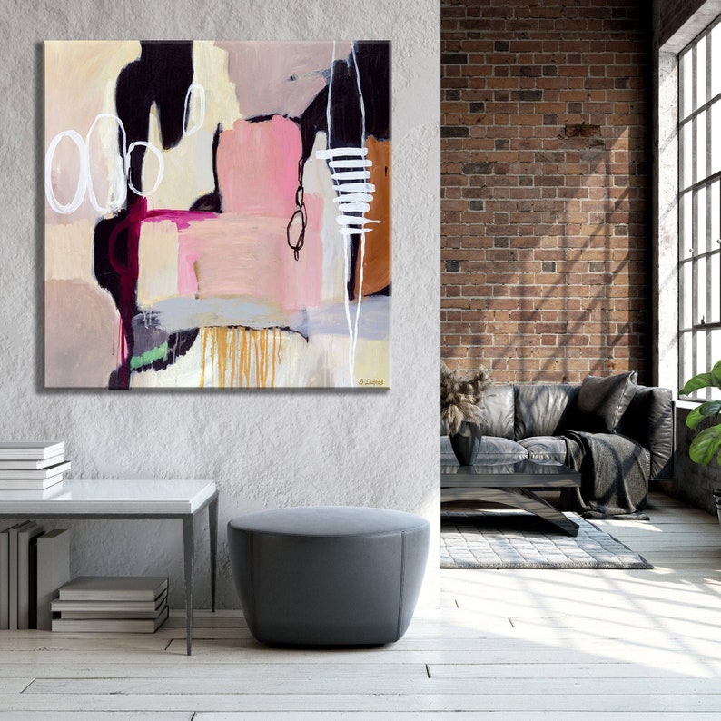 Large square modern minimalistic pink grey abstract painting, black, white, pink abstract art print, contemporary abstract canvas art print image 4