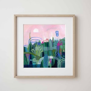 Small colourful pink and green abstract landscape painting print on fine art paper. Giclee print of original painting by Sarina Diakos image 8