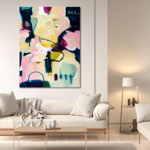 Extra large original abstract painting print, abstract art print, canvas abstract artwork, abstract wall art vertical pink, yellow decor
