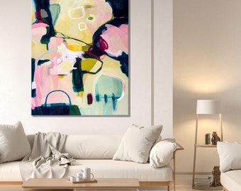 Extra large original abstract painting print, abstract art print, canvas abstract artwork, abstract wall art vertical pink, yellow decor