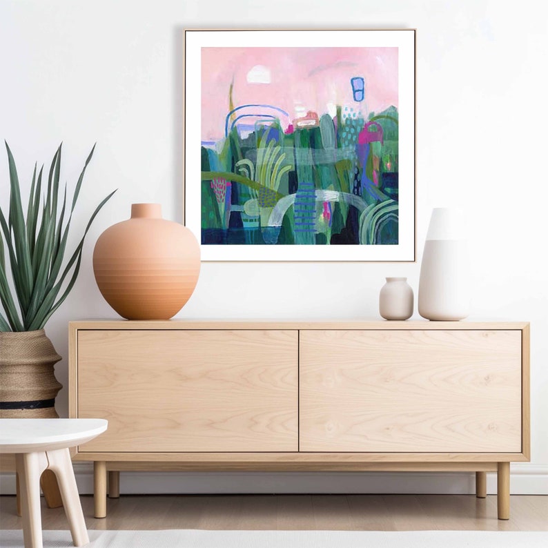 Small colourful pink and green abstract landscape painting print on fine art paper. Giclee print of original painting by Sarina Diakos image 7