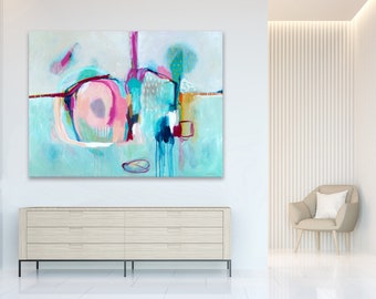 Extra large rectangle original abstract art painting print on canvas, calm pastel colors turquoise blue grey pink, wall art for bedroom