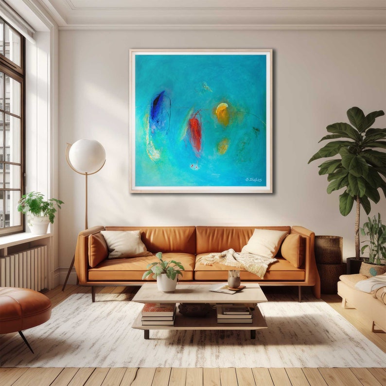 Extra large blue abstract painting print from original painting, Modern minimalist blue wall art print on paper, Large square abstract art. image 2