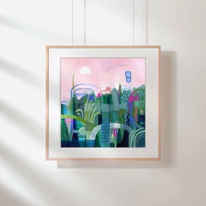 Small colourful pink and green abstract landscape painting print on fine art paper. Giclee print of original painting by Sarina Diakos image 3