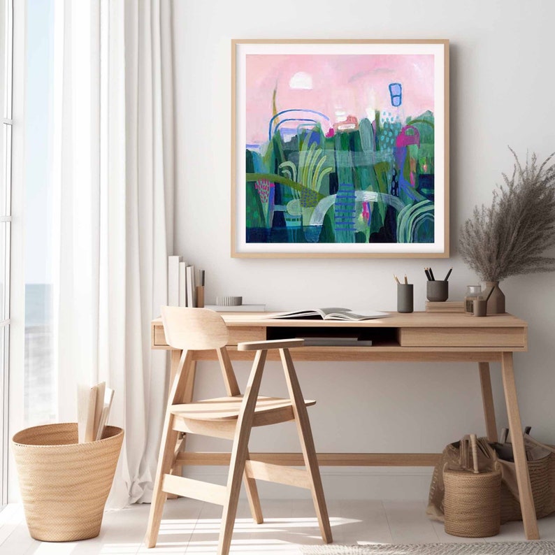 Small colourful pink and green abstract landscape painting print on fine art paper. Giclee print of original painting by Sarina Diakos image 5