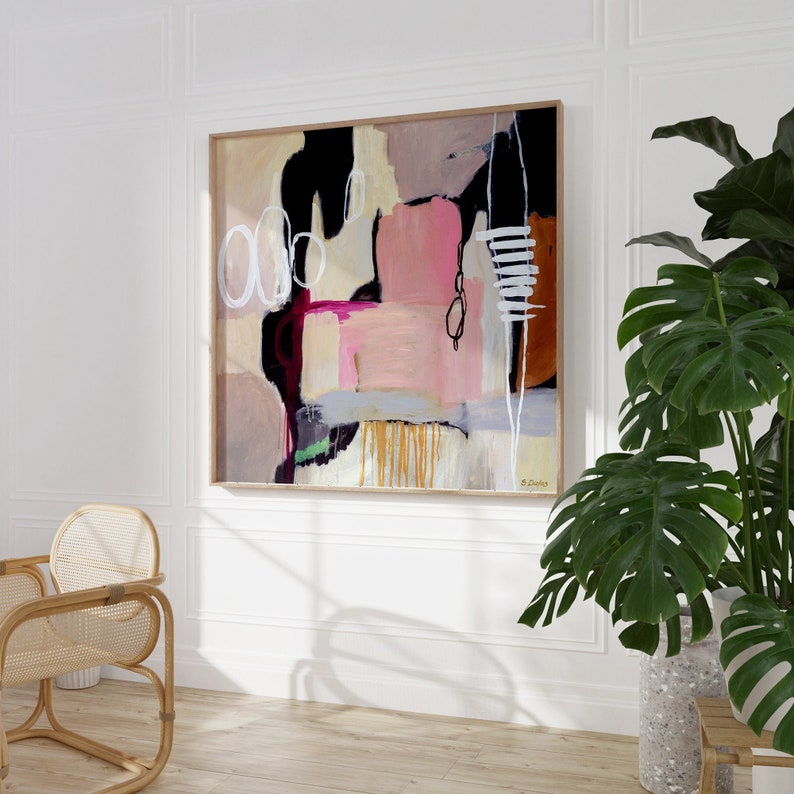 Large square modern minimalistic pink grey abstract painting, black, white, pink abstract art print, contemporary abstract canvas art print image 6