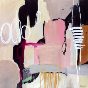 Large square modern minimalistic pink grey abstract painting, black, white, pink abstract art print, contemporary abstract canvas art print image 5