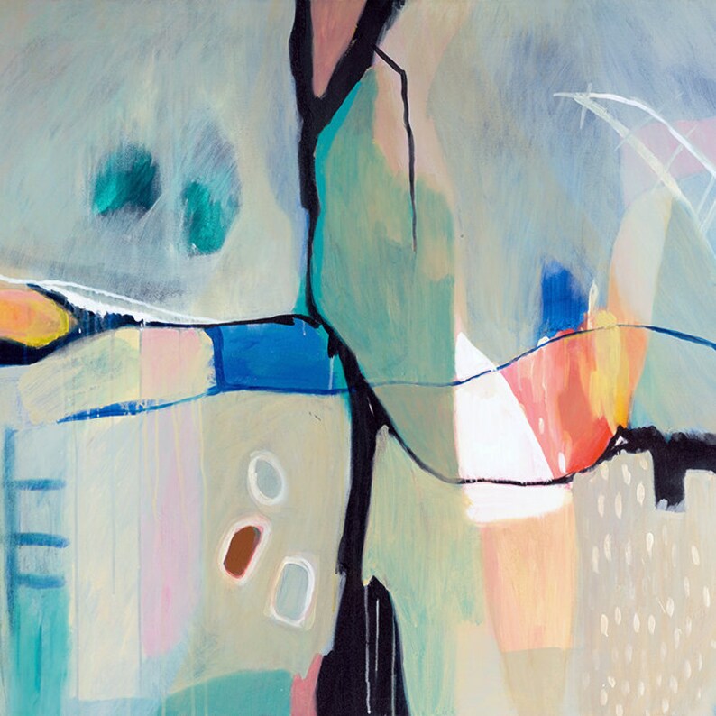 May include: Abstract painting with a mix of colors including teal, blue, pink, orange, and white. The painting has a layered and textured look with bold black lines.