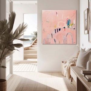 Ready to hang, large FRAMED abstract art painting print on canvas, Large square canvas wall art, soft calm pastel pink contemporary painting