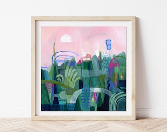 Small colourful pink and green abstract landscape painting print on fine art paper. Giclee print of original painting by Sarina Diakos