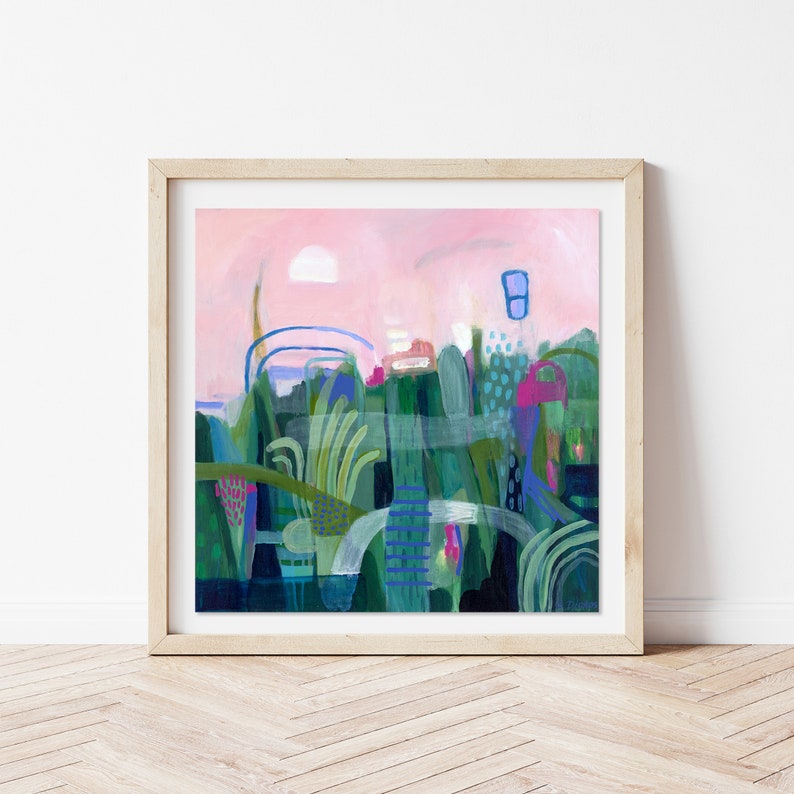 Small colourful pink and green abstract landscape painting print on fine art paper. Giclee print of original painting by Sarina Diakos image 1