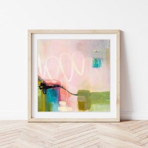 Pittura di paesaggio astratto rosa e verde stampa su carta. Moderna stampa artistica astratta in colori pastello, opere d'arte rilassanti, morbide e femminili.