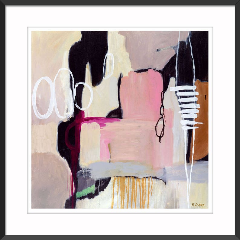 Large square modern minimalistic pink grey abstract painting, black, white, pink abstract art print, contemporary abstract canvas art print image 7