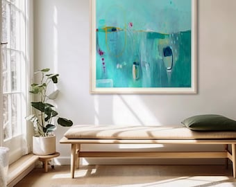 Large Expressionist teal green, aqua abstract painting giclee print from an original abstract artwork, Modern bright contempoary abstract