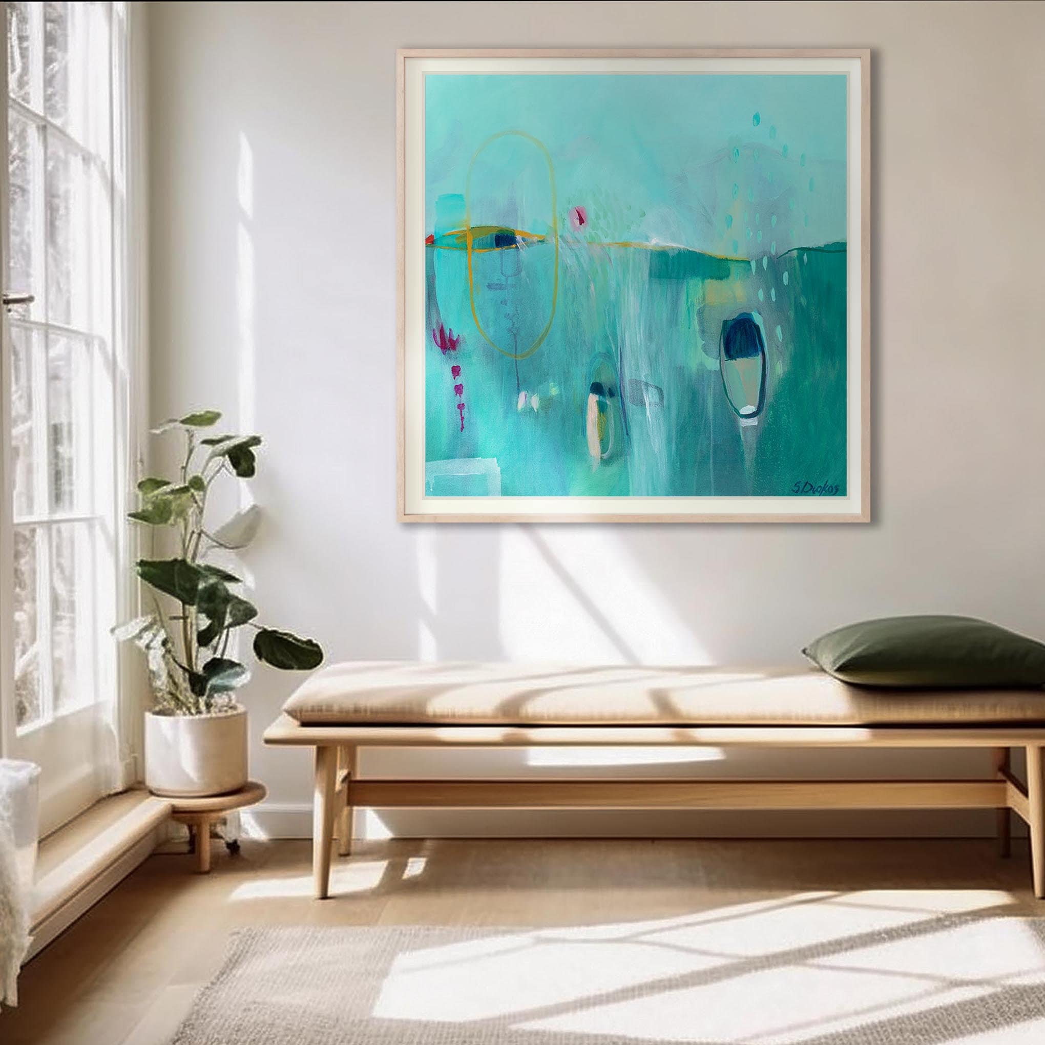 オリジナルの抽象画から作られた、大きな表現主義的なティールグリーン