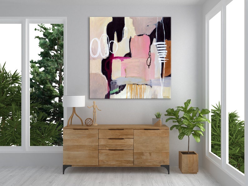 Large square modern minimalistic pink grey abstract painting, black, white, pink abstract art print, contemporary abstract canvas art print image 3