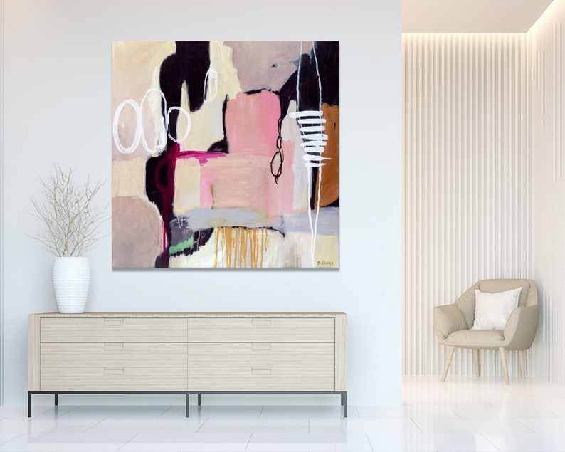Large square modern minimalistic pink grey abstract painting, black, white, pink abstract art print, contemporary abstract canvas art print image 2
