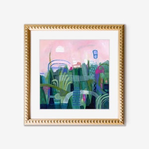 Small colourful pink and green abstract landscape painting print on fine art paper. Giclee print of original painting by Sarina Diakos image 6