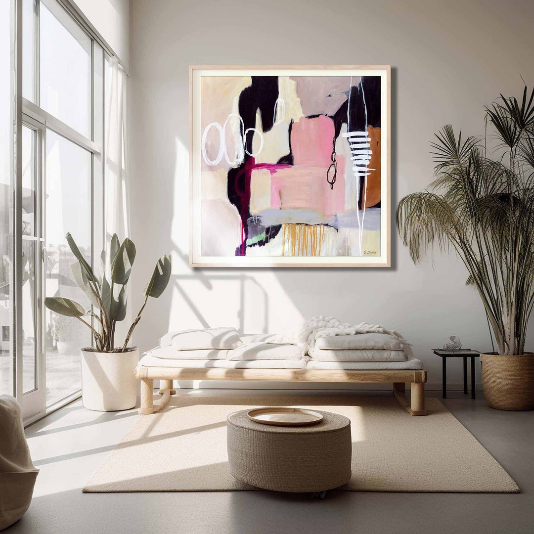 Large Pink White and Black Abstract Art Painting Print From Original ...