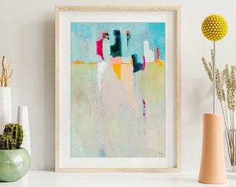 Small blue and yellow abstract painting print from my original painting.  Small colorful print on paper.