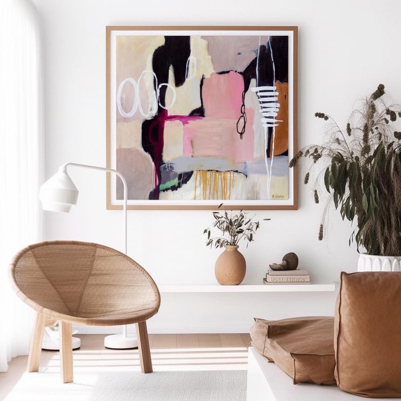 Large square modern minimalistic pink grey abstract painting, black, white, pink abstract art print, contemporary abstract canvas art print image 1