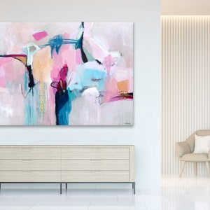 Pink Abstract wall decor print abstract art pastel, large abstract painting horizontal artwork large, above the bed art, soft pink and blue