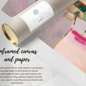 May include: A rolled canvas print in a protective mailing tube. The print features abstract art with pink, blue, green, and orange colors. The text "unframed canvas and paper" is visible below the image. The text "Sarina Distor ART" is visible on the tube.