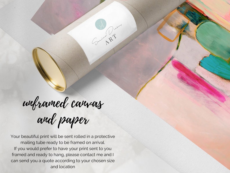 May include: A rolled canvas print in a protective mailing tube. The print features abstract art with pink, blue, green, and orange colors. The text "unframed canvas and paper" is visible below the image. The text "Sarina Distor ART" is visible on the tube.