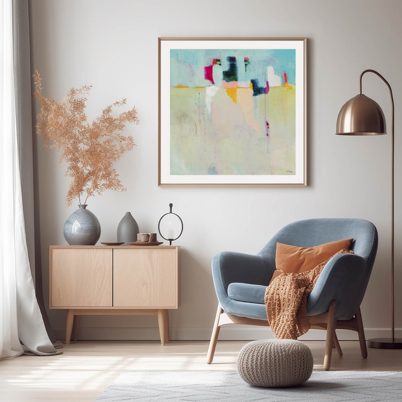 Large wall art print from original abstract painting, Artwork for living room, Modern abstract wall art, soft blue and yellow painting. image 1