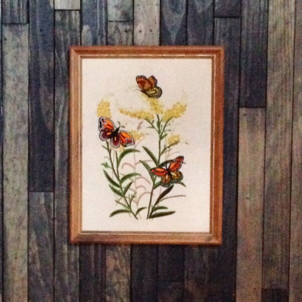 Vintage. Crewel Art. Yarn Art. Butterfly Art. Kitsch Art. Unique Art. One of a kind Art