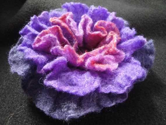 OOAK hand made wet felted flower brooch with merino/silk blend of fiber in purple and red/orange colors.