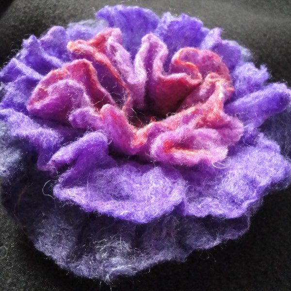 OOAK hand made wet felted flower brooch with merino/silk blend of fiber in purple and red/orange colors.