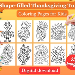 PRINTABLE - Shape-filled Thanksgiving Turkey coloring page for kids, printable turkey, creative holiday, turkey crafts (Digital Download)