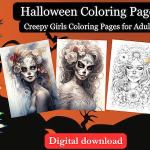 Páginas para colorear de Halloween para adultos para imprimir - Páginas para colorear de chicas espeluznantes - Ideas para regalar - Dibujos para colorear del Día de los Muertos - Descarga digital