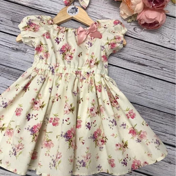 Spring floral Easter girls twirly dress  vintage ivory lilac flowers