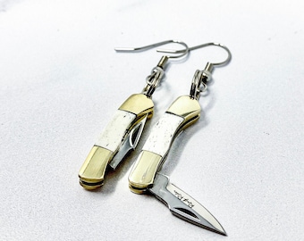 Mini Pocket Knife Earrings- Stainless Steel Blade, Abalone Handle, Gold, Silver