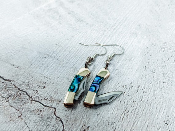 Mini Pocket Knife Earrings Abalone Shell Hook Earrings Unique