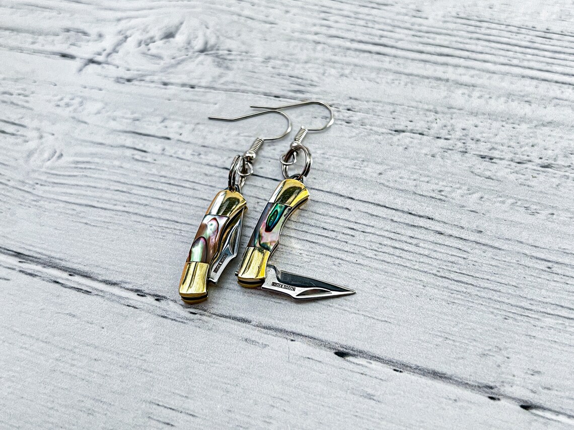 Mini Pocket Knife Earrings Abalone Shell Hook Earrings Etsy