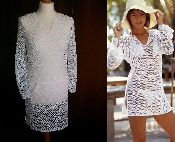 Crochet tunic/dress, handmade crochet beachwear, cover up, boho dress, authentic handmade, cotton 100%, color white size S ready to ship