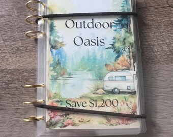 Outdoor Oasis Savings Challenge Book || Save 1200 || 8 Laminated Scratch Off Envelopes || Camping Theme Money Savings Challenge