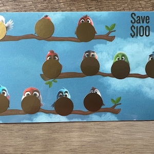 Minidesafío de ahorro para raspar y raspar pájaros animados lindos // Ahorre 100 // A5 o A6