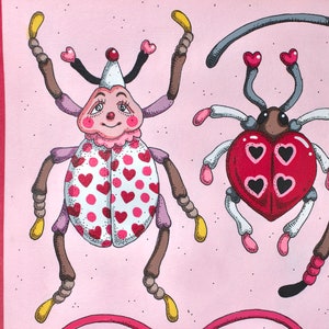 May include: Two whimsical bugs with pink and red hearts on a pink background. The bug on the left has a white body with pink and red polka dots and a pink face. The bug on the right has a red heart-shaped body with black hearts.