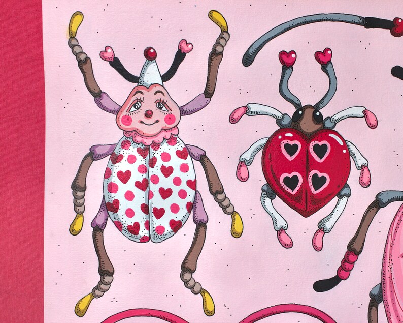 May include: Two whimsical bugs with pink and red hearts on a pink background. The bug on the left has a white body with pink and red polka dots and a pink face. The bug on the right has a red heart-shaped body with black hearts.